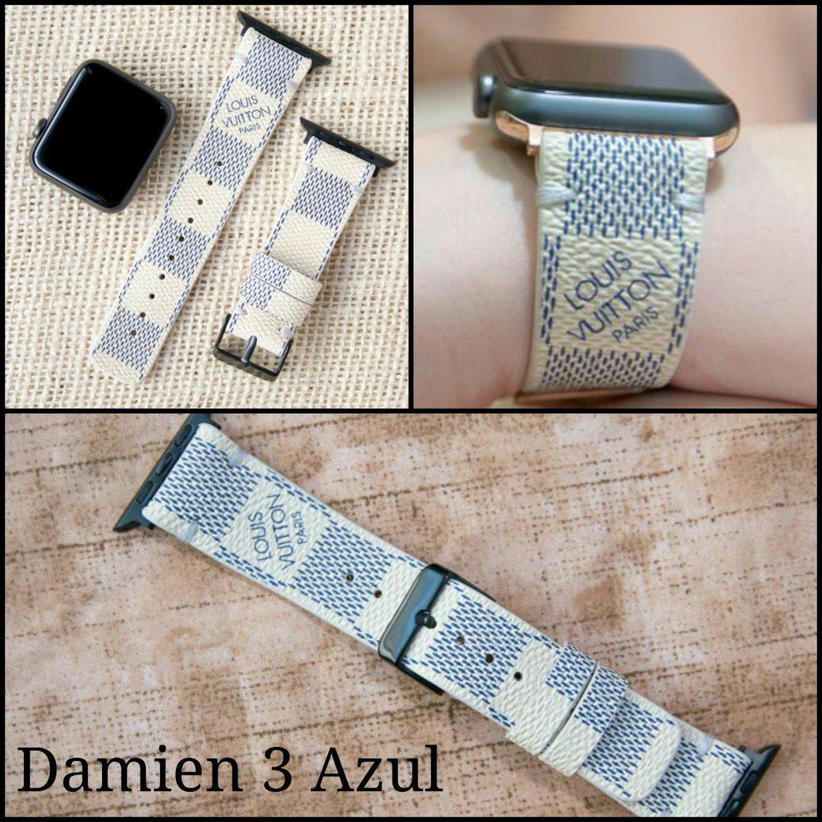Apple Watch Band Repurposed Damier LV Monogram Double Loop, 38mm / Gold / Azur